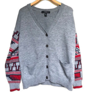 Forever 21 Grey & Red Aztec Button-Front Cardigan Size Medium
